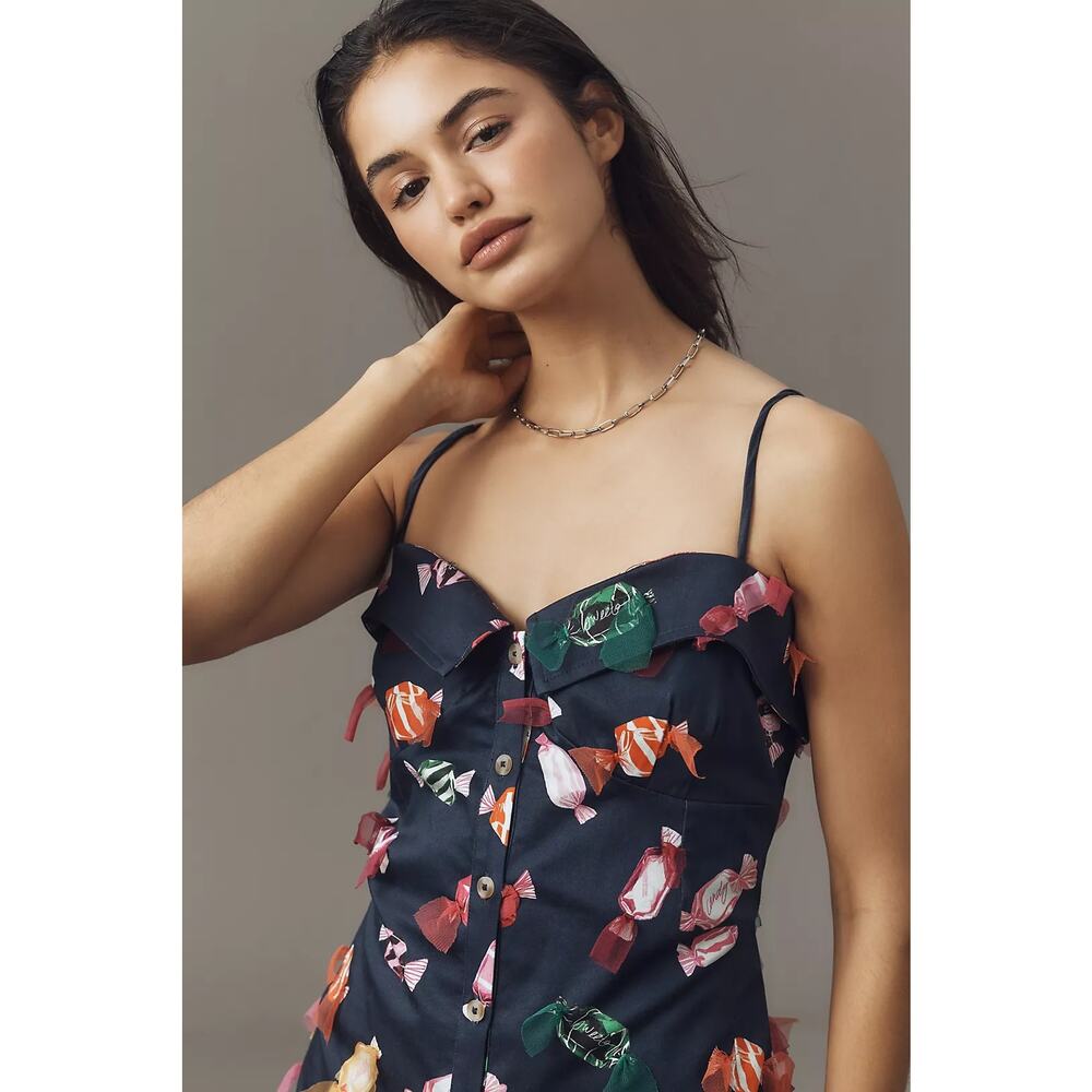 New Anthropologie Maeve Printed Buttondown Mini Dress $228 SIZE 8 Navy APPLIQUED - Picture 2 of 5